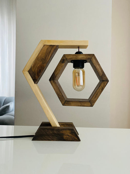 Hexagon Wooden Table Lamp, Modern Rustic Light, Handmade House Living Lamp, Wood Desk Night Lighting, Wooden lamps for Housewarming